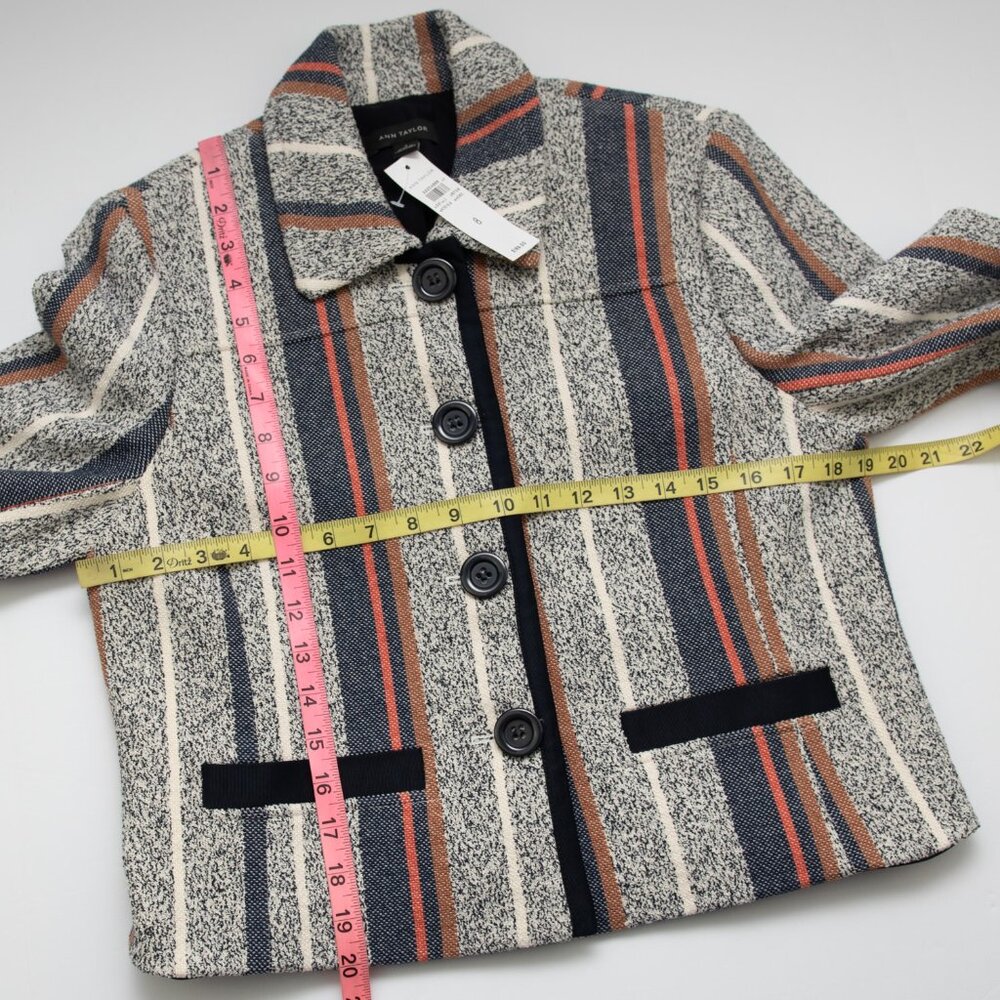 Ann Taylor Tweed Blazer Stripe Multicolor Cropped Office Blue Cream Size 8 New - Picture 8 of 8